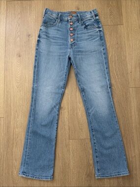 MOTHER Light Blue Pixie Hustler Ankle High-Rise Button-Fly Flare Jeans